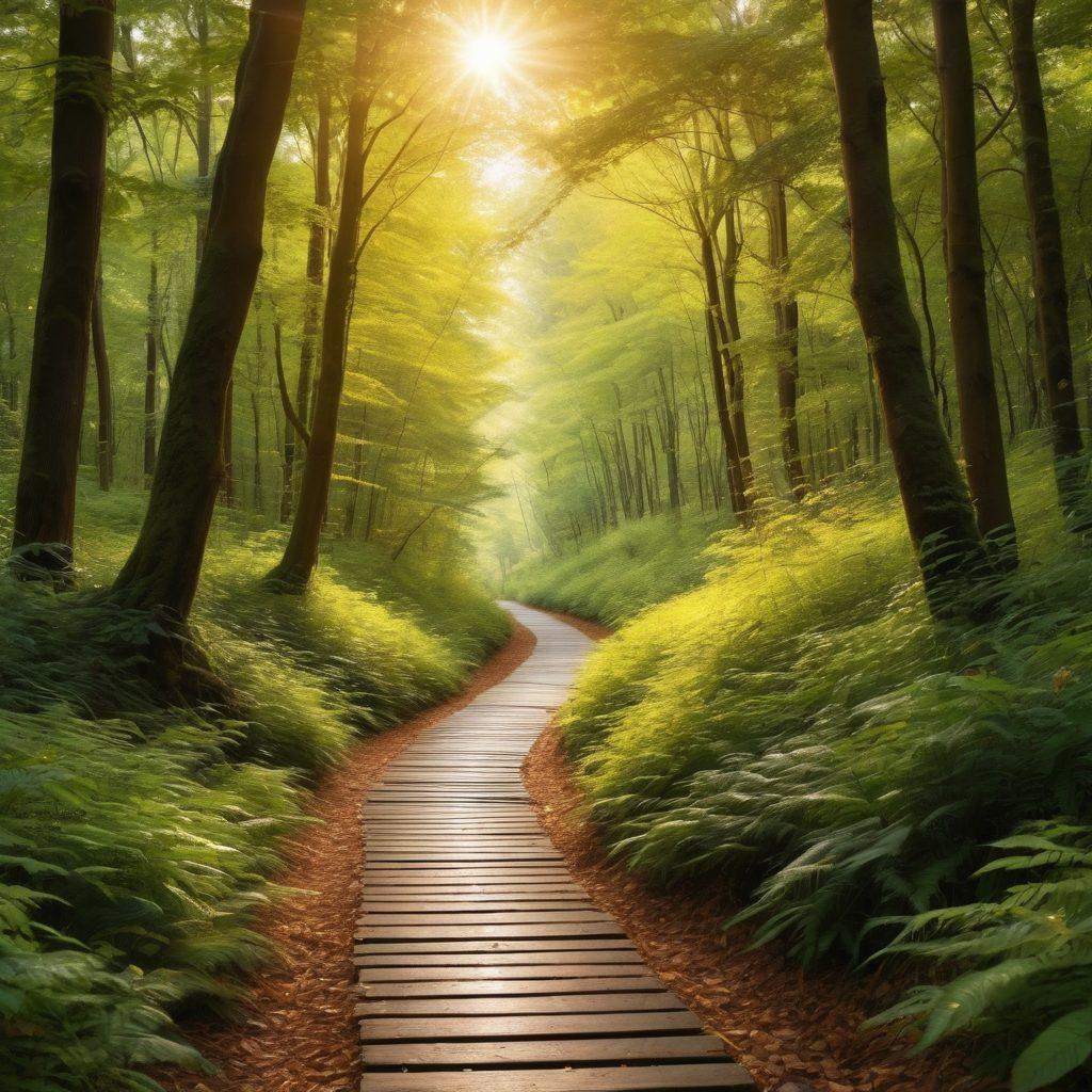 A serene pathway winding through a lush, green forest, symbolizing a journey of hope and empowerment. Beside the path, silhouettes of diverse individuals sharing stories and advice, emphasizing community support. Soft, golden sunlight filtering through the trees, creating a warm and uplifting atmosphere. A gentle breeze illustrated with flowing leaves, reflecting resilience. super-realistic. vibrant colors. peaceful ambiance.